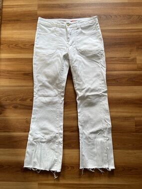 Pilcro Anthropologie White Cropped Flare-Leg Jeans Raw Hem with Pockets